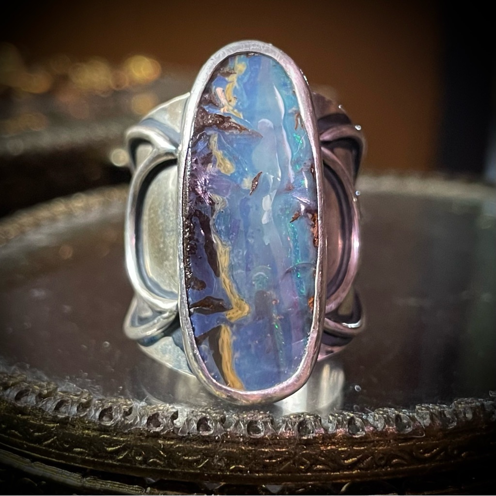 Chunky Natural Australian Opal Sterling Silver Moon Ring